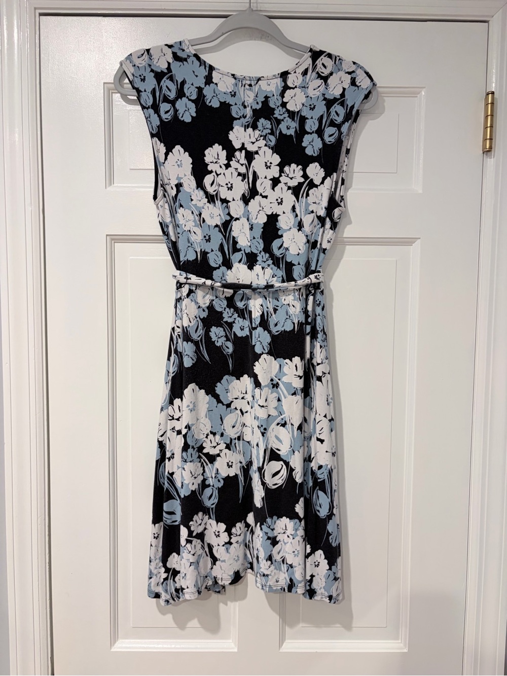 Ann Taylor Black Floral Wrap Dress with White & Light Blue Blooms - Picture 2 of 8